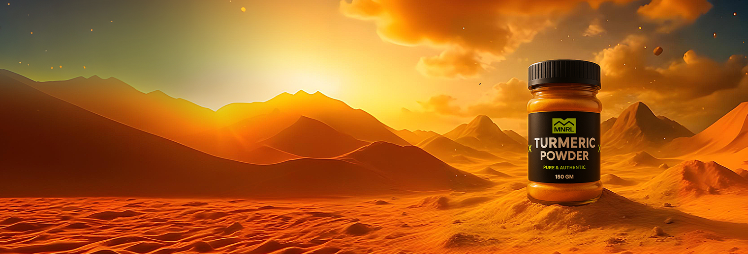 Turmeric powder jar in a desert landscape with mountains and sunset.
